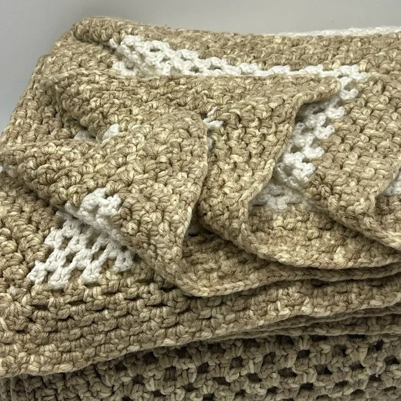 Handmade Double Crochet Cream & Tan Striped Knit Blanket (54” wide x 76” long)